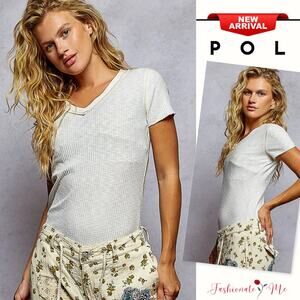 POL V-Neck Short Sleeves Contrast Overlock Stitching Ribbed T-Shirt | Off White